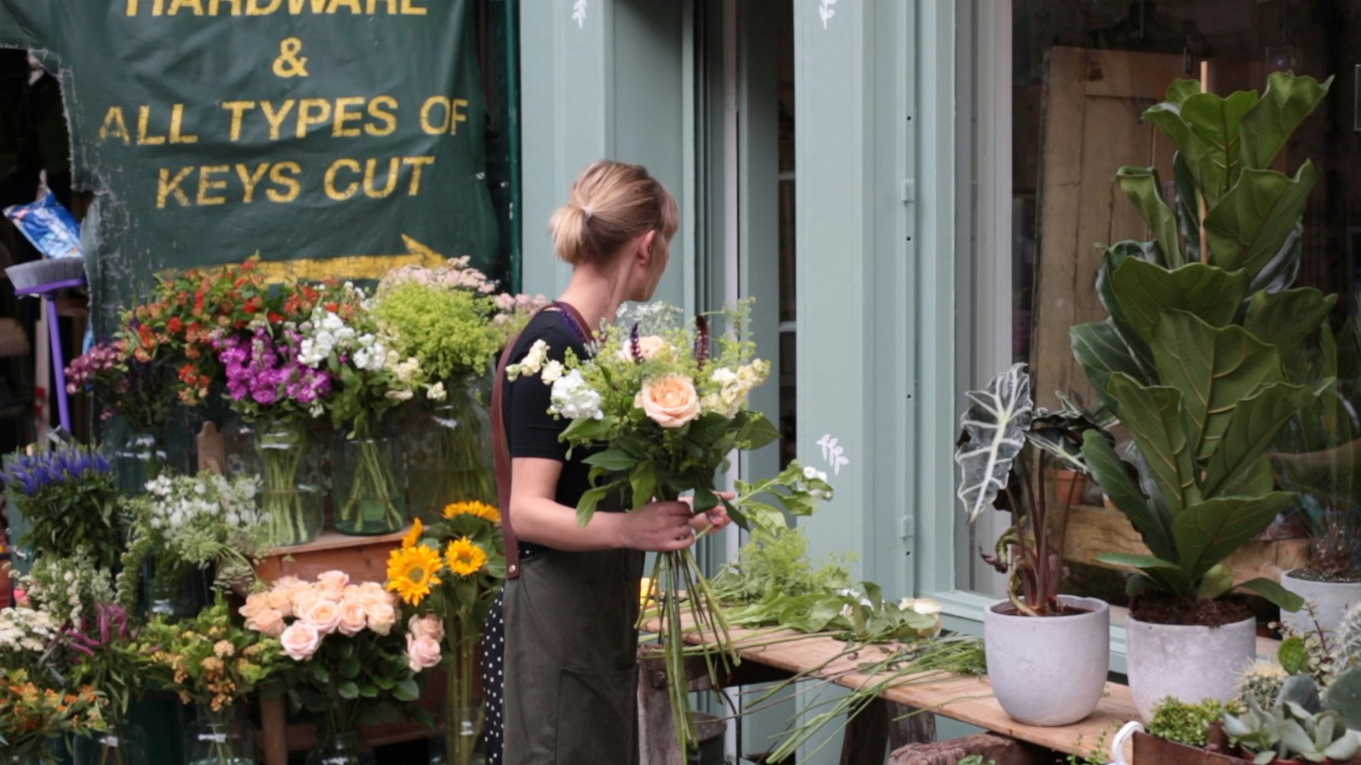 Florist preparing flowers
